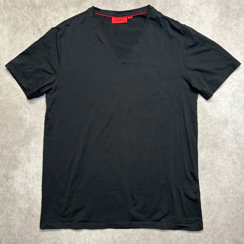 Hugo Boss Mens Sz L Black V-Neck Short Sleeve T-Shirt Tonal Logo